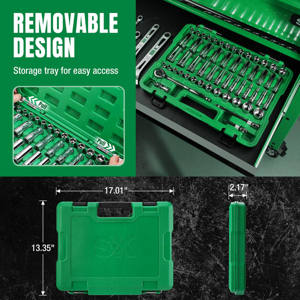 SK 3/8" Drive Socket Set with 160-P Ratchet, 55-Piece, SAE & Metric, SuperKrome Finish, Premium CR-V Construction, with Storage Suitcase