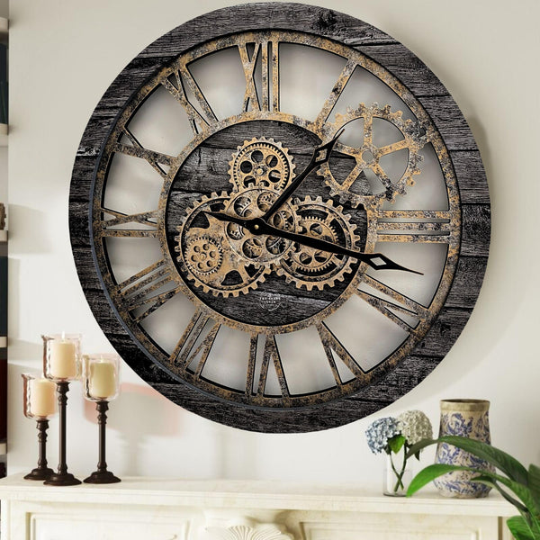 The Gears Clock The Original Real Moving Gear Wall Clock Vintage Industrial Oversized Rustic Farmhouse (24 inch (60cm), Vintage Carbon Grey and Bronze)