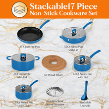 NutriChef Kitchenware Cookware, Non-Stick Pans, and Pots with foldable Knob, Space Saving, Stackable, Nylon -Tools, Induction Base, Brown, 17-Pc Set