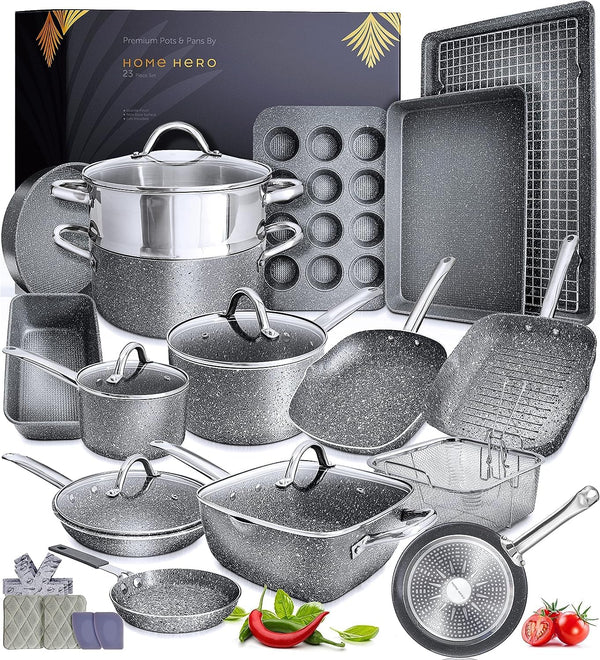 Home Hero Pots and Pans Set Non Stick - Induction Compatible Kitchen Cookware Sets + Bakeware Sets - Non Stick, PFOA Free, Oven Safe Pot and Pan Set Nonstick (23 Pcs - Granite)