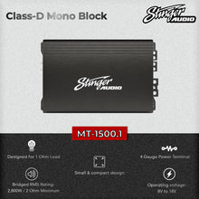 STINGER Audio MT15001 1-Channel Monoblock 1500 Watt RMS Car Audio Subwoofer Amplifier w/Remote Control Bass Knob, Class D, Hexfet Mosfet, Subsonic Filter, Low-Pass Filter, Bass Boost Q