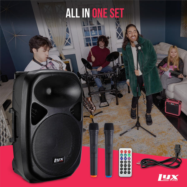 LyxPro 12 Inch Active PA Rechargeable Battery Speaker System, Bluetooth, MP3, USB, SD Card Slot, Foldable Carry Handle, Easy Carry Wheels-SPA-12 BAT